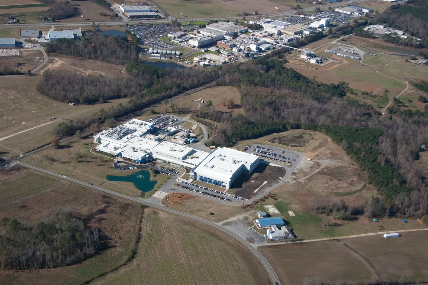 Aerial view of a large factory complex.